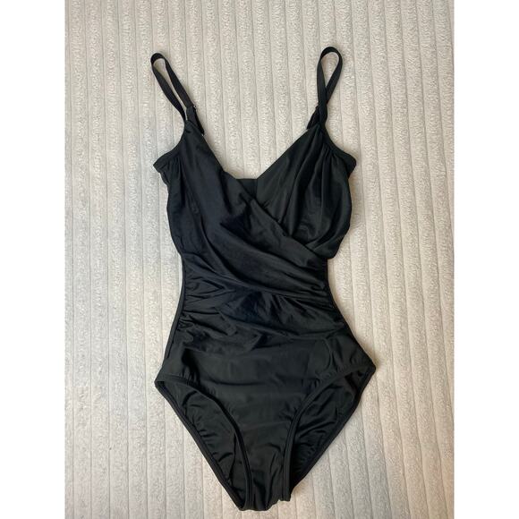 Jantzen Classics Draped Surplice Mailot One Piece Swimsuit Slimming, Black Sz 10 - Picture 1 of 4